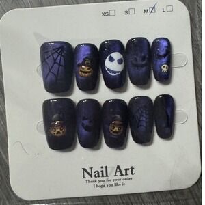 Dark Purple Cateye Square Press On Nails‎ With Halloween Design
